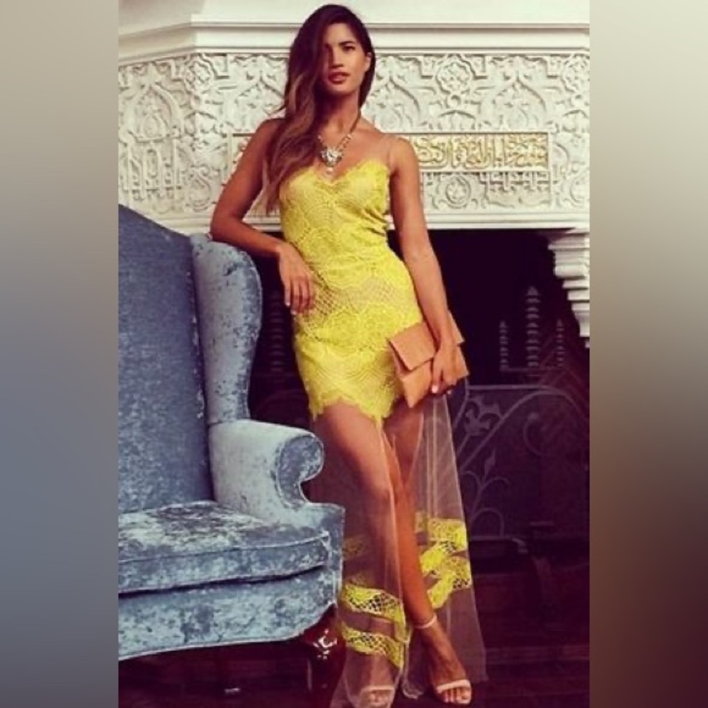 For Love and Lemons Yellow Antigua Maxi Sheer Hem Dress size Small - Picture 5 of 9